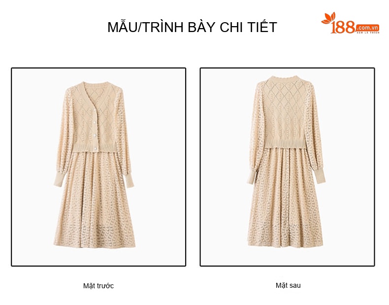 Váy Dệt Kim Nữ Cổ chữ V Đính Cúc Ngọc Trai Phối Ren Phong Cách Quý Cô Màu Be, Đen, Hồng chi tiết 53