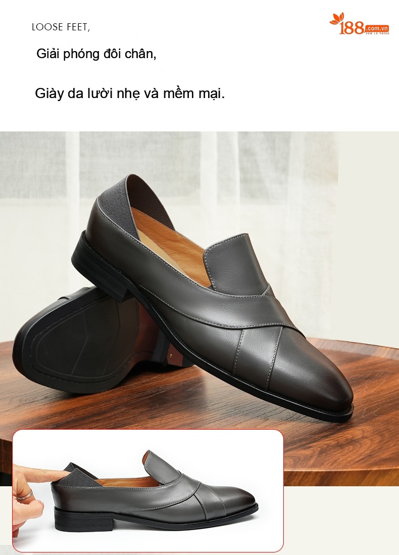 Giày Lười Nam Da Bò Mũi Tròn Chiều Cao Đế Khoảng 3cm Màu Đen chi tiết 3