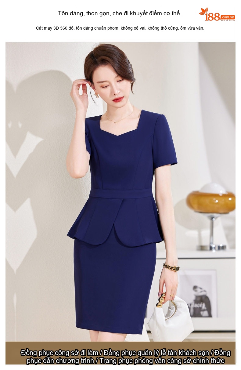 Bộ Vest Công Sở Nữ Tay Ngắn Quần/Chân Váy Áo Peplum Màu Đen, Xanh Navy chi tiết 5