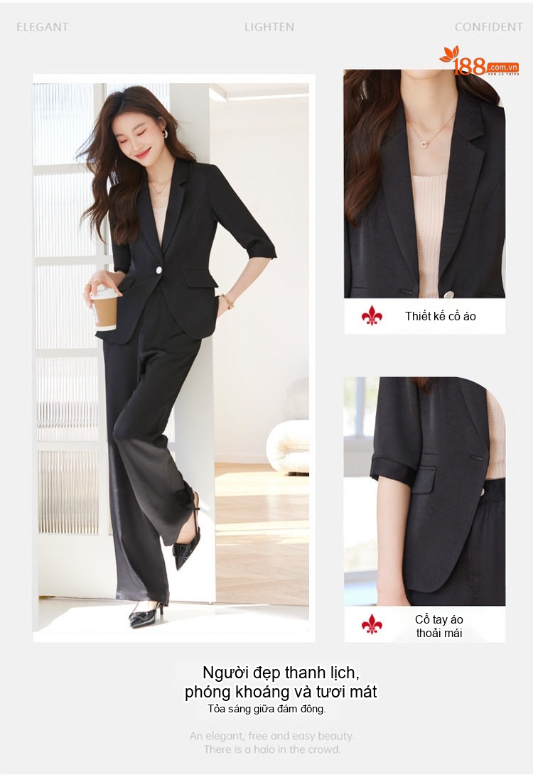 Bộ Vest Nữ Áo Blazer Tay Lỡ Quần Ống Rộng Chất Acetate Satin Phong Cách Công Sở Màu Đen, Trắng Kem, Xanh... chi tiết 5