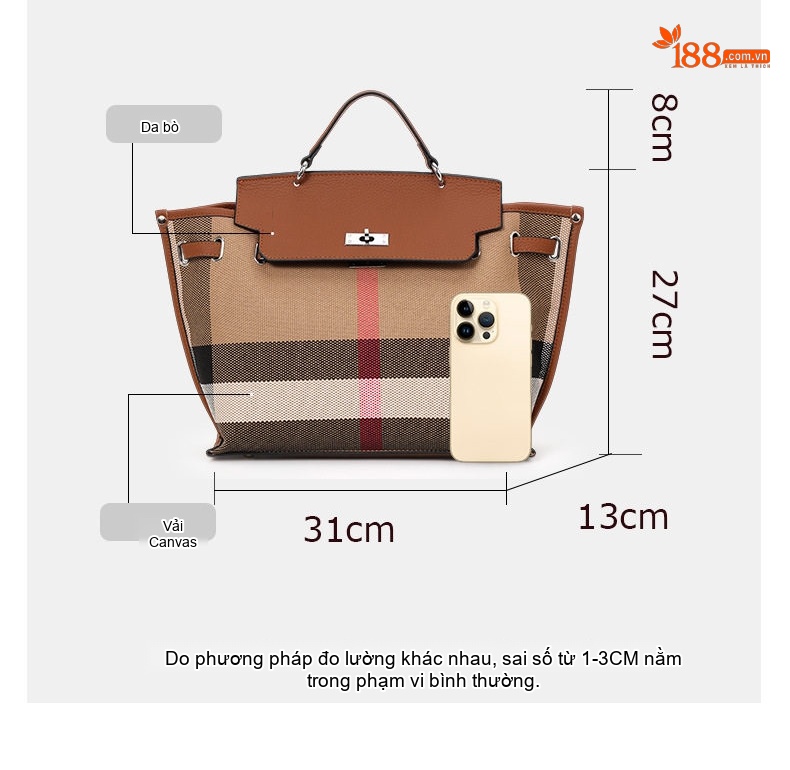 Túi Tote Nữ Vải Canvas Phối Da Bò Họa Tiết Kẻ Sọc Lớn Đựng Vừa A4 Màu Nâu chi tiết 4