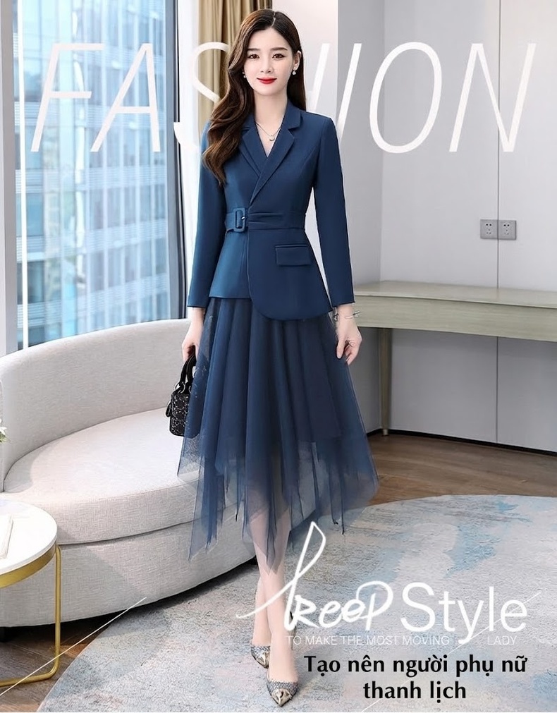 Set Áo Vest Blazer Tay Lỡ Và Chân Váy Voan Xòe Dáng Dài Thanh Lịch Màu Đỏ Tía, Xanh Navy, Nâu, Đen... chi tiết 1