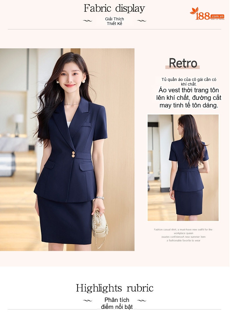 Bộ Vest Công Sở Nữ Tay Ngắn Áo Blazer Quần/Chân Váy Màu Xám, Đen, Xanh Dương chi tiết 4