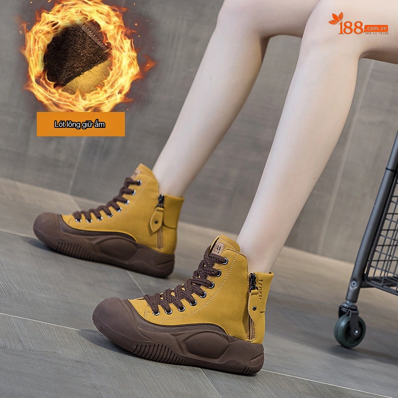 Giày Boot Nữ Cổ Cao Dây Buộc Phong Cách Retro Chiều Cao Đế Khoảng 4cm Màu Vàng, Xanh Lá, Nâu, Đen...