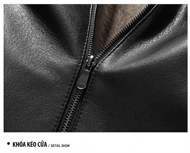 Áo Khoác Da Thật Nam Lót Lông Chồn Cổ Bẻ Ngắn Màu Đen chi tiết 17
