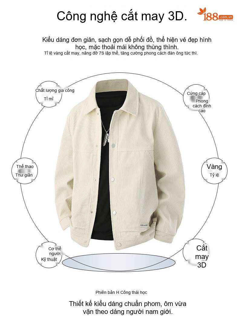 Áo Khoác Nam Cổ Bẻ Vải CORDUROY Dáng Bomber Màu Đen, Kem, Xanh Olive chi tiết 4