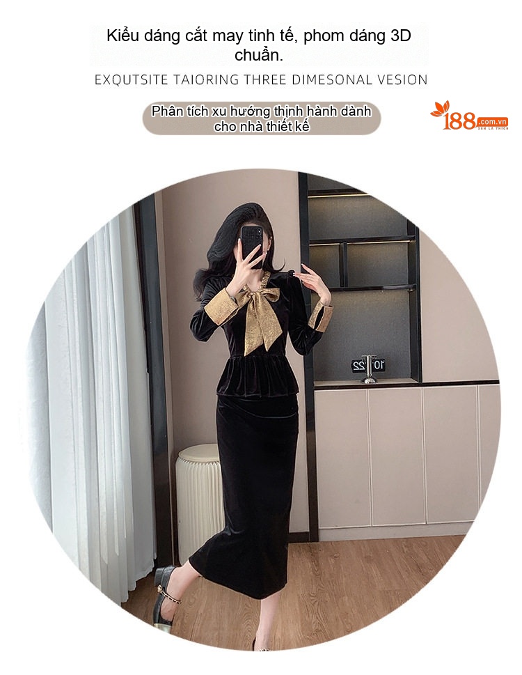 Set Bộ Nữ Áo Nhung Tay Dài Thắt Nơ Cổ Chân Váy Xẻ Tà Màu Đen chi tiết 2