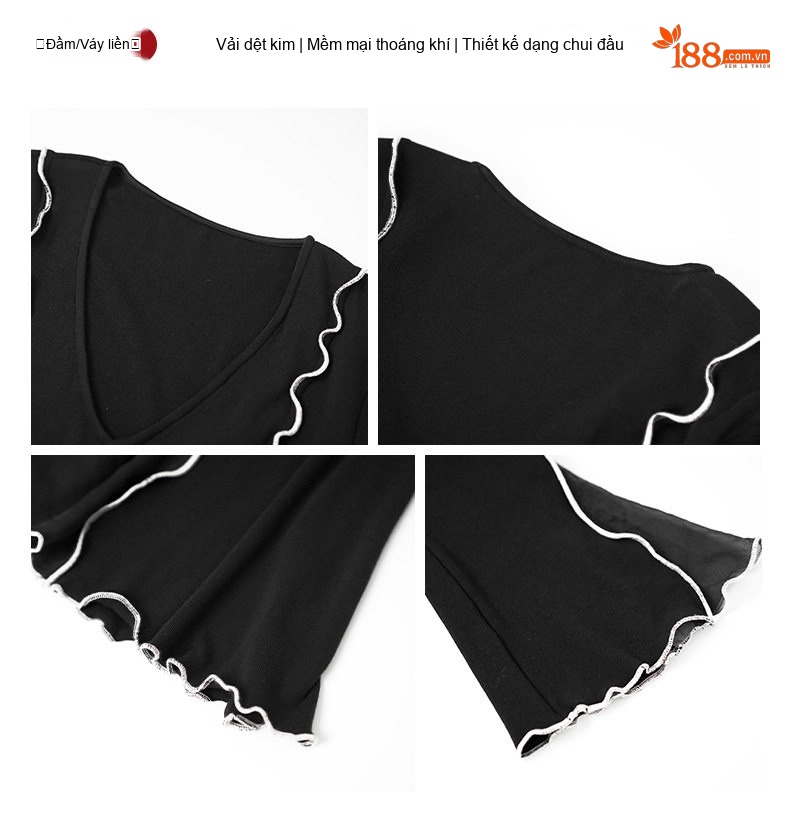 Váy Đầm Dài Tay Dài Cổ chữ V Pháp Kiểu Dáng Ôm Body Xẻ Tà Màu Đen chi tiết 5