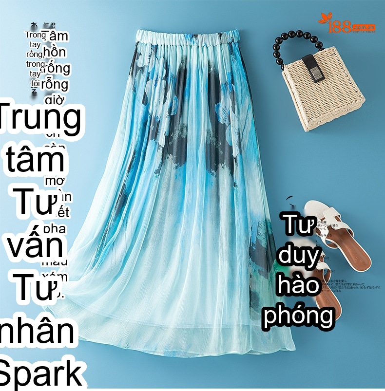 Chân Váy Lụa Nữ Chữ A Cạp Cao Dáng Dài Thon Gọn Phong Cách Bohemia Màu Xanh, Đen