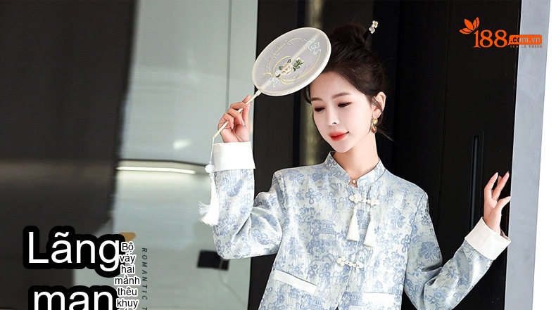Set Áo Khoác Lửng và Chân Váy Midi Nữ Phong Cách Tân Cổ Điển Họa Tiết Màu Xanh, Hồng, Kem chi tiết 1
