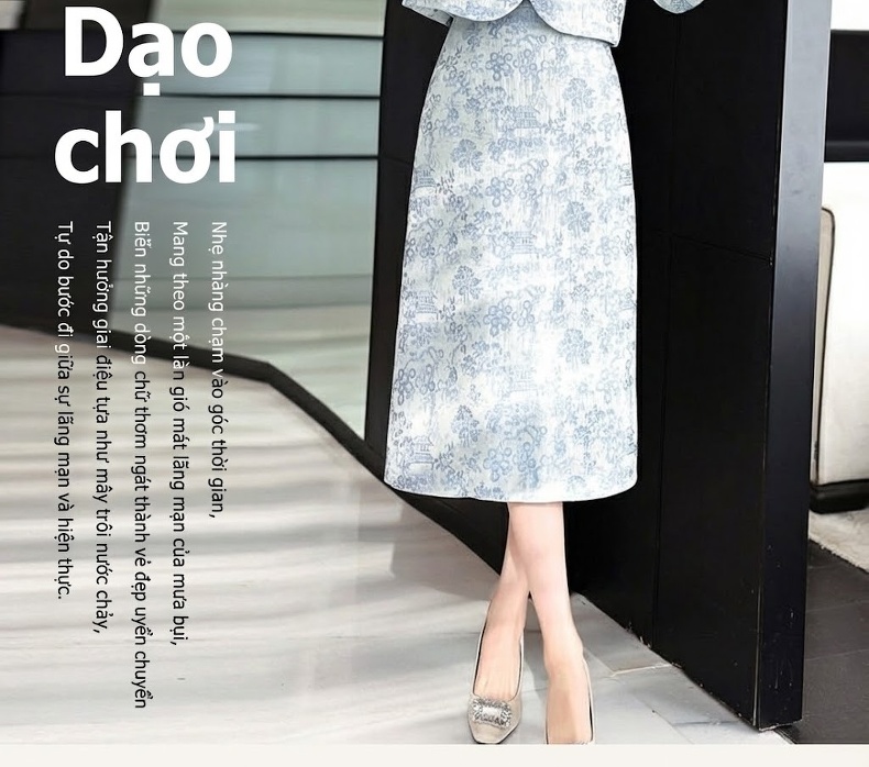 Set Áo Khoác Lửng và Chân Váy Midi Nữ Phong Cách Tân Cổ Điển Họa Tiết Màu Xanh, Hồng, Kem chi tiết 2