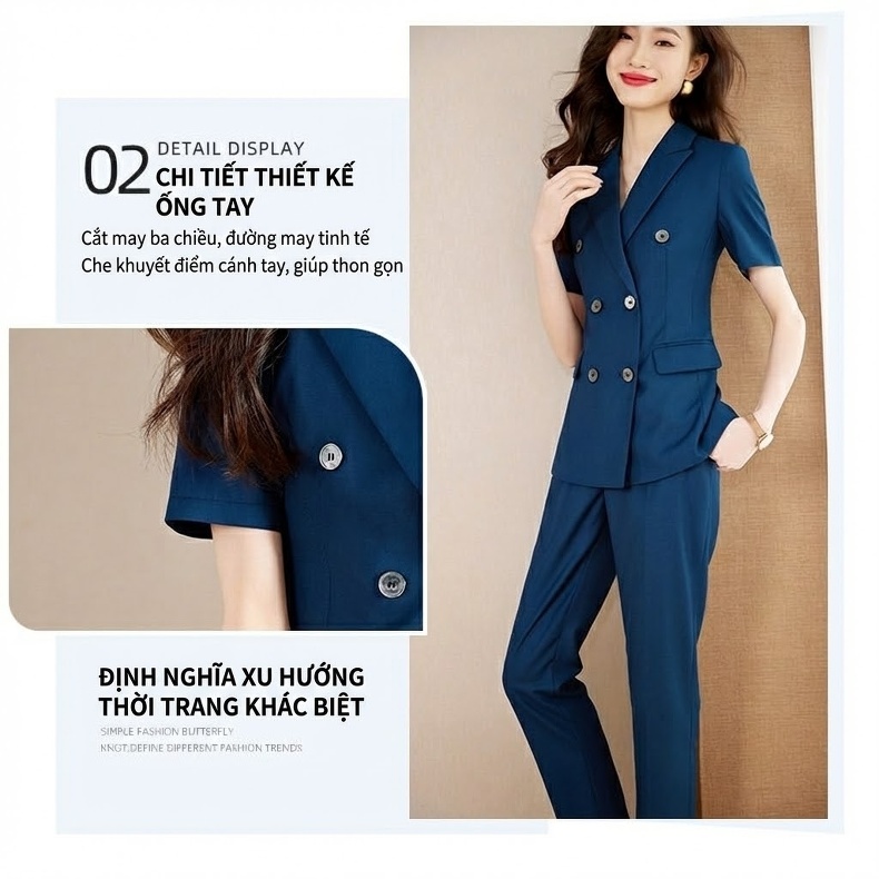 Bộ Vest Công Sở Nữ Tay Ngắn Mỏng Nhẹ Màu Xám, Xanh Than chi tiết 7