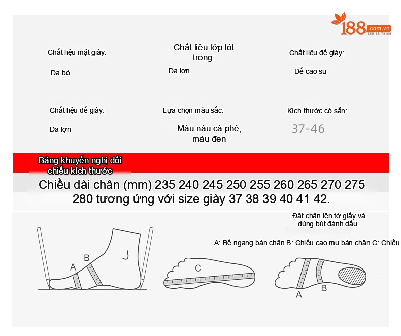 Giày Tây Buộc Dây Nam Da Bò Chiều Cao Đế Khoảng 4cm Màu Đen, Nâu chi tiết 9
