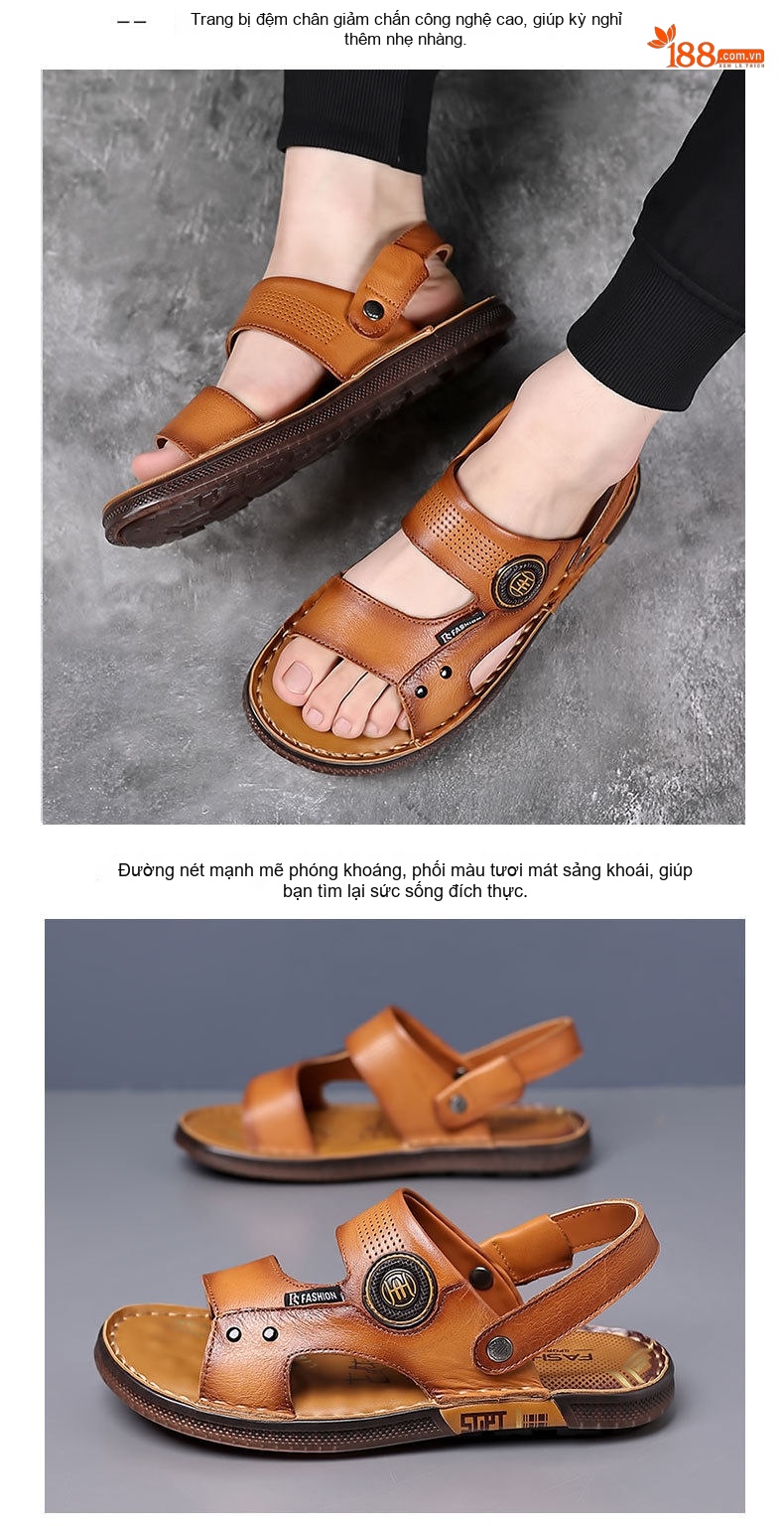 Dép Sandal Nam Da Thật Chống Trượt Thoáng Khí Chiều Cao Đế Khoảng 2cm Màu Nâu, Đen chi tiết 10