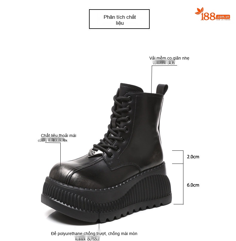 Giày Martin Nữ Đế Dày Chiều Cao Đế Khoảng 8cm Da Bóng Buộc Dây Màu Đen, Nâu chi tiết 3