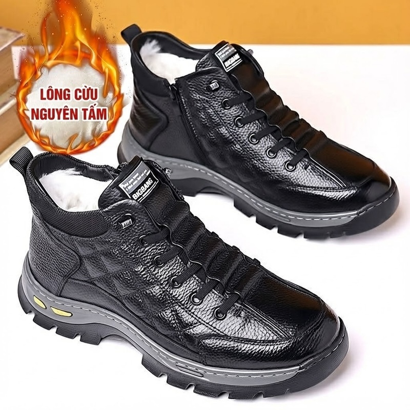 Giày Boot Nam Da Bóng Cao Cổ Lót Lông Chiều Cao Đế Khoảng 4cm Màu Đen