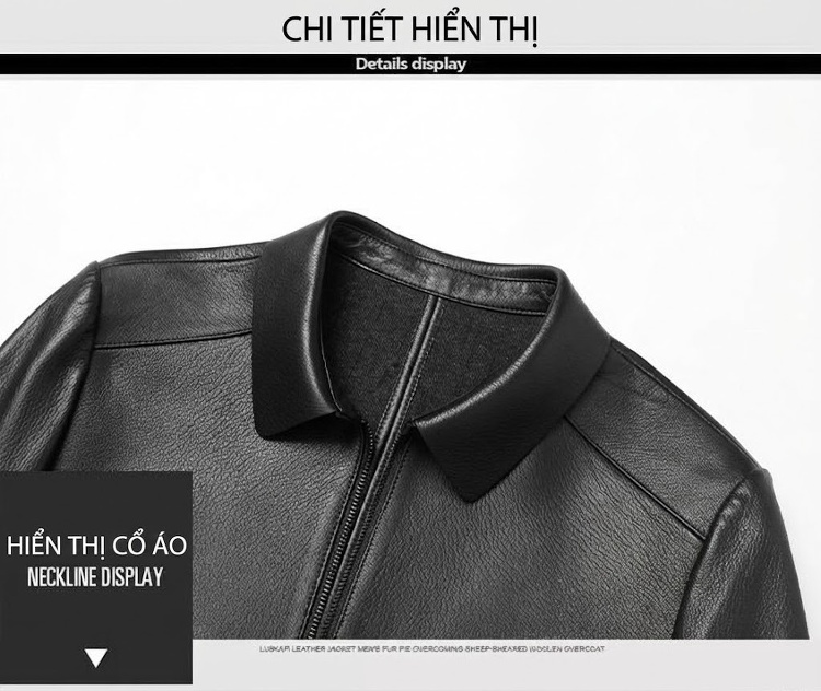 Áo Khoác Da Thật Nam Cổ Bẻ Dáng Ngắn Phong Cách Doanh Nhân Màu Đen chi tiết 6