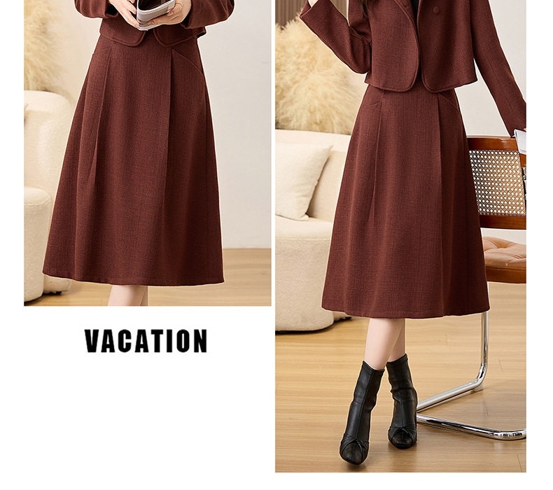 Set Áo Khoác Lửng Tay Dài Vải Flanel Chần Bông Và Chân Váy Midi Phong Cách Tiểu Thư Màu Nâu Đỏ, Xanh Rêu chi tiết 17