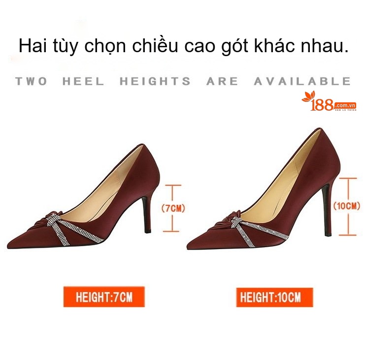 Giày Cao Gót Nữ Gót Nhọn Chiều Cao Đế Khoảng 9cm Mũi Nhọn Đính Đá Màu Đen, Đỏ Rượu, Kem chi tiết 2