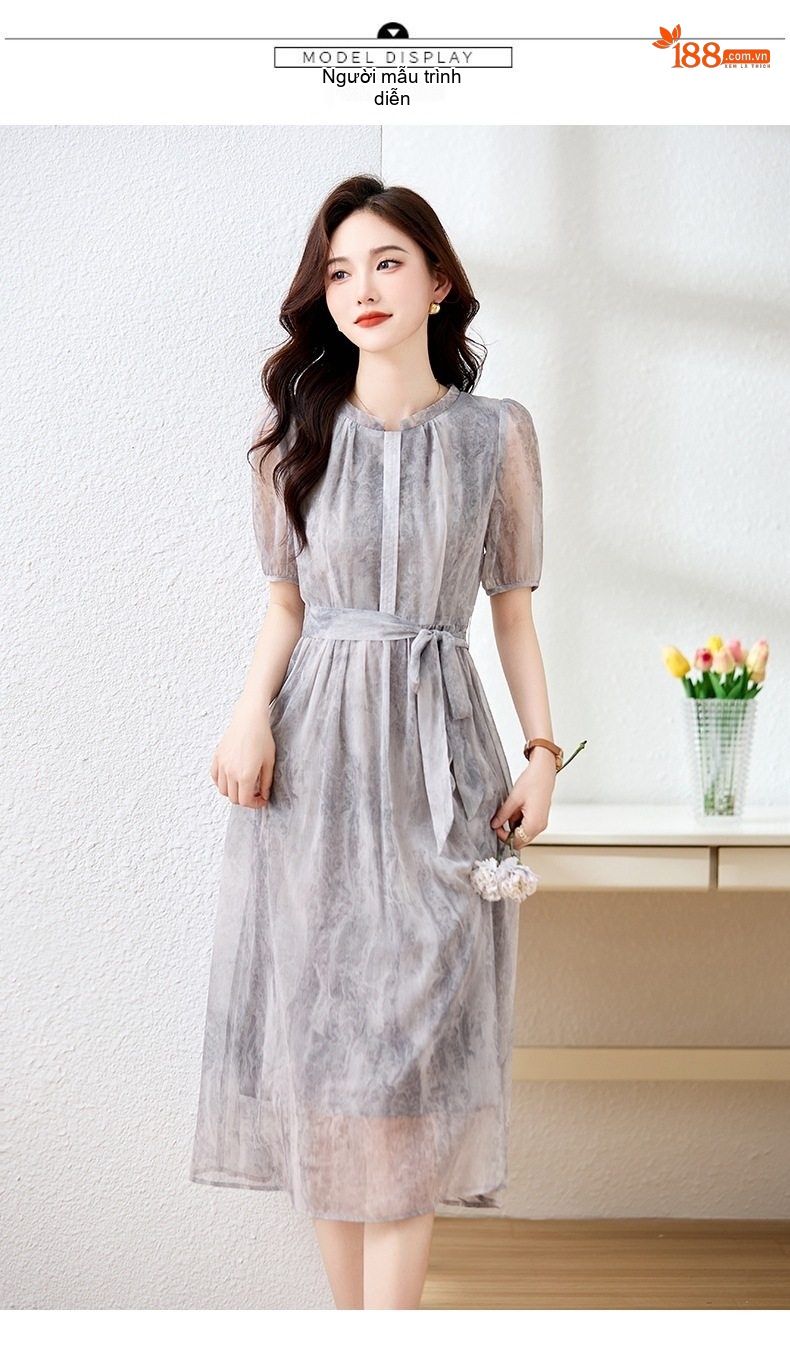 Đầm Xòe Nữ Tay Ngắn Thiết Kế Thanh Lịch Thoáng Mát Chất Liệu Voan Màu Hồng, Xám chi tiết 14