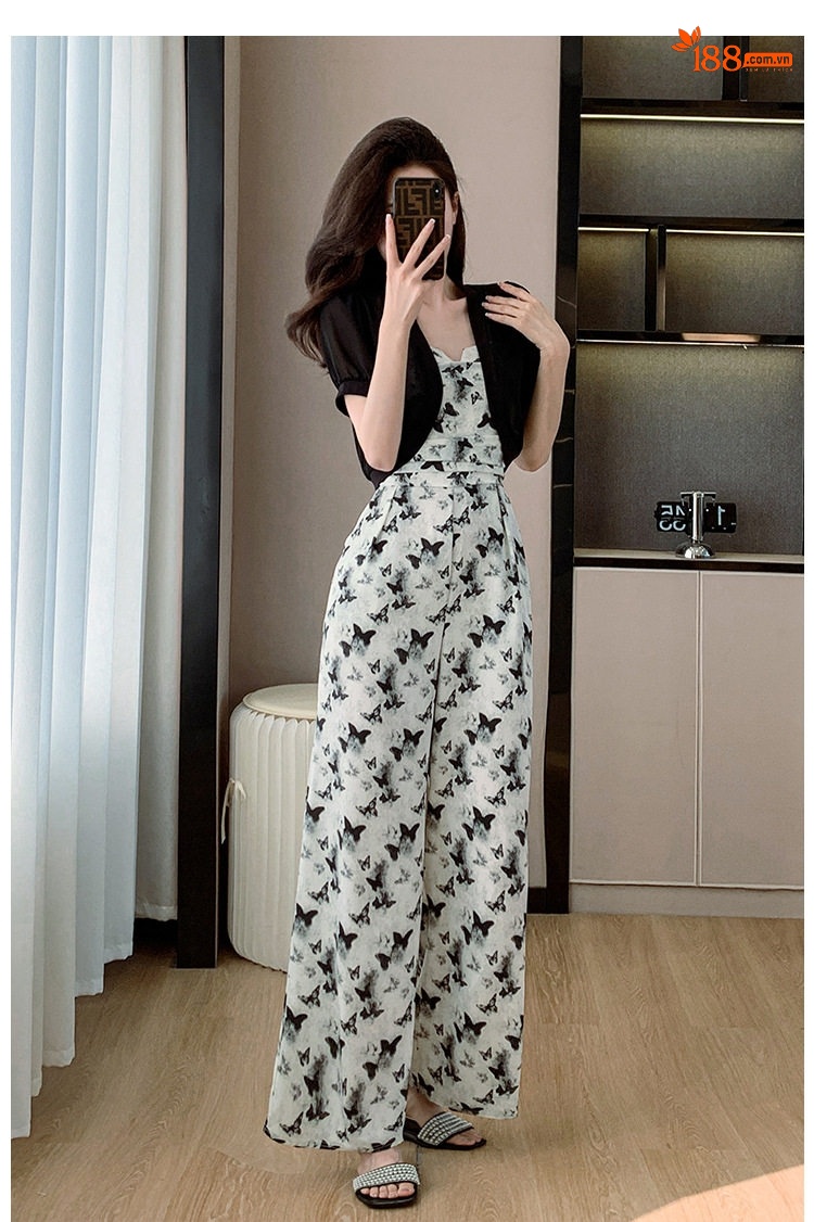 Jumpsuit Nữ Dây Đeo In Họa Tiết Phong Cách Tiểu Thư Quần Ống Rộng Màu Trắng, Đen chi tiết 33