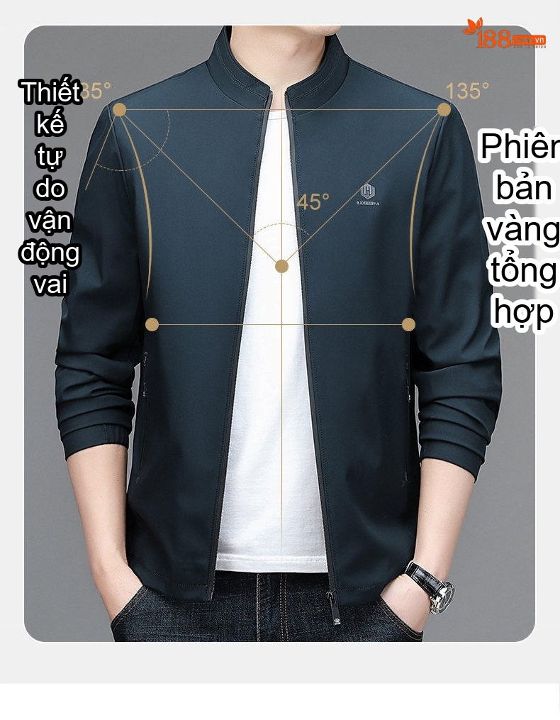 Áo Khoác Bomber Nam Cổ Trụ Dáng Ôm Vừa Vặn Màu Xanh Navy, Xám chi tiết 7