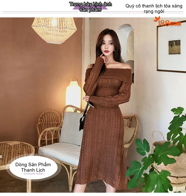 Váy Ôm Dáng Dệt Kim Hở Vai Dài Tay Thu Đông Màu Nâu chi tiết 1