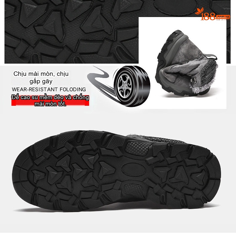 Giày Boot Nam Cổ Cao Lót Lông Đi Tuyết Chống Trượt Chiều Cao Đế Khoảng 4cm Màu Đen, Xám chi tiết 16
