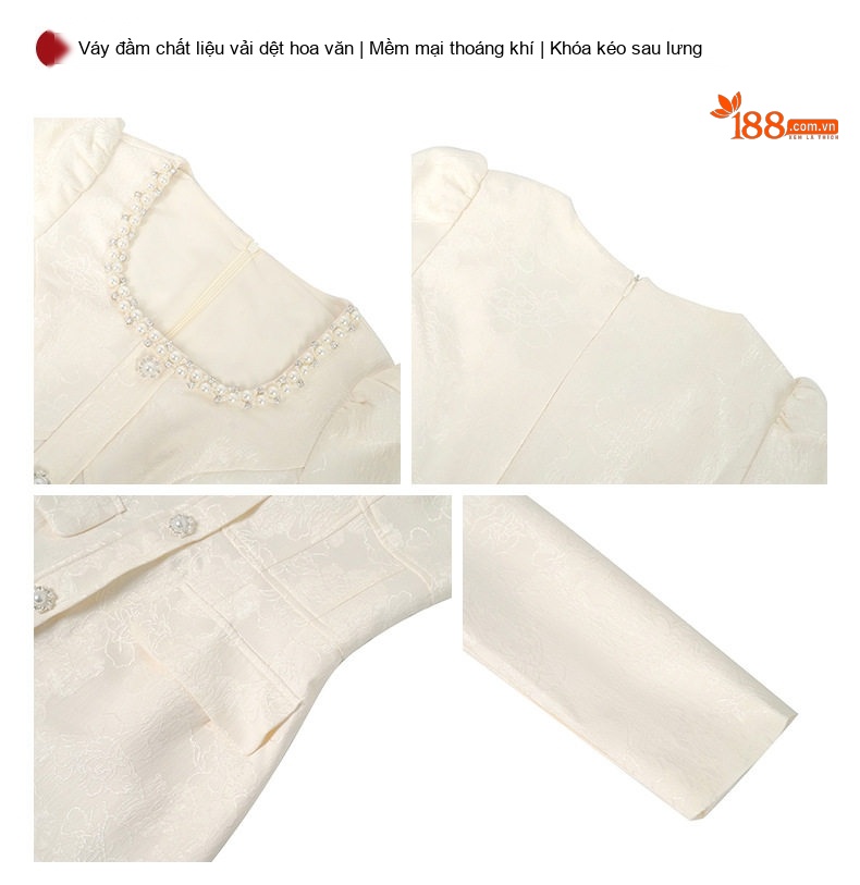 Đầm Dài Tay Nữ A-Line Đính Cườm Cổ chữ Vuông Thắt Eo Phong Cách Tiểu Thư Màu Kem chi tiết 4