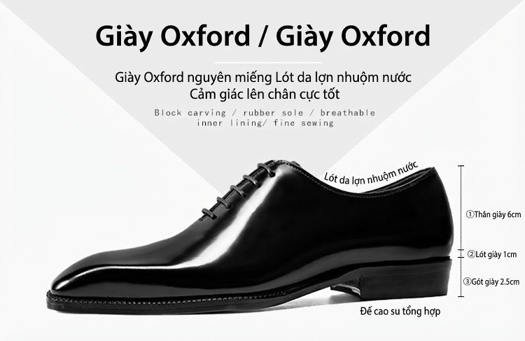 Giày Tây Oxford Nam Da Bò Bề Mặt Bóng Chiều Cao Đế Khoảng 3cm Màu Đen, Nâu chi tiết 3