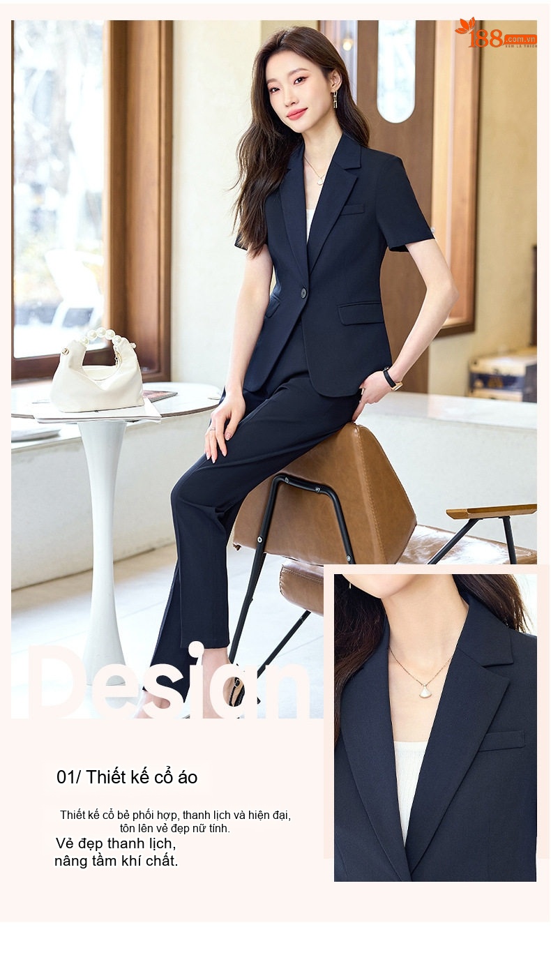 Bộ Vest Công Sở Nữ Tay Ngắn Quần/Chân Váy Màu Xám, Đen chi tiết 8