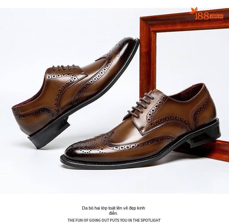 Giày Tây Buộc Dây Nam Da Thật Brogue Chiều Cao Đế Khoảng 3cm Màu Đen, Nâu chi tiết 17