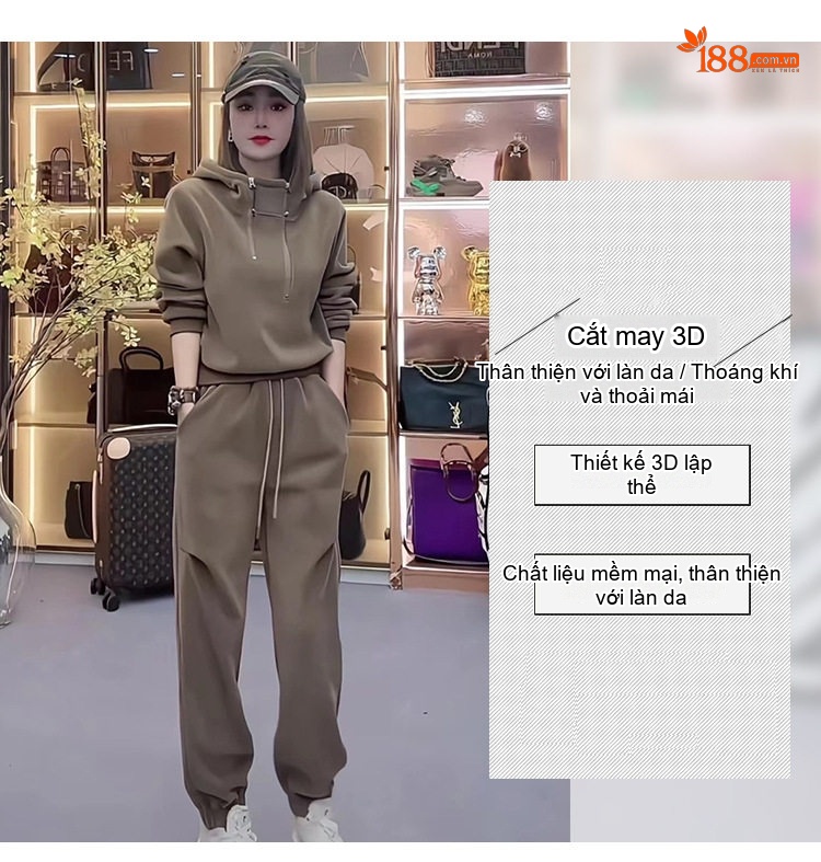 Bộ đồ thể thao nữ dáng rộng có mũ trùm đầu khóa kéo chi tiết 4