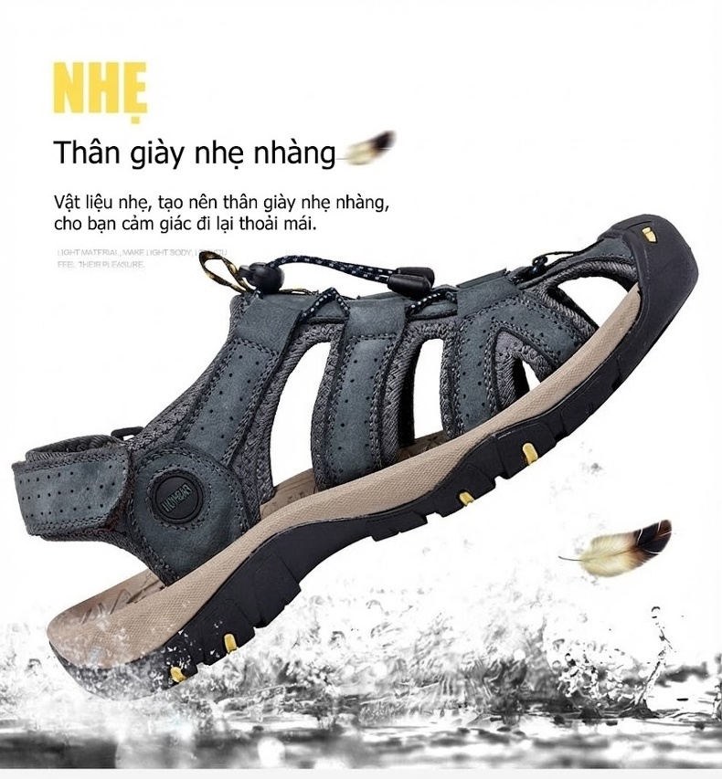 Dép Sandal Nam Bít Mũi Thoáng Khí Chống Trượt Đi Bộ Đường Dài Thủ Công Chiều Cao Đế Khoảng 3cm Màu Đen, Nâu, Xám chi tiết 2