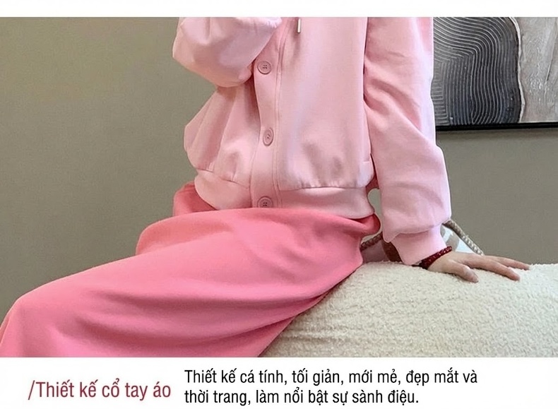 Set Bộ Nữ Áo Hoodie Giả Hai Lớp và Chân Váy Dáng Ôm Năng Động Màu Hồng, Xám, Đen chi tiết 16