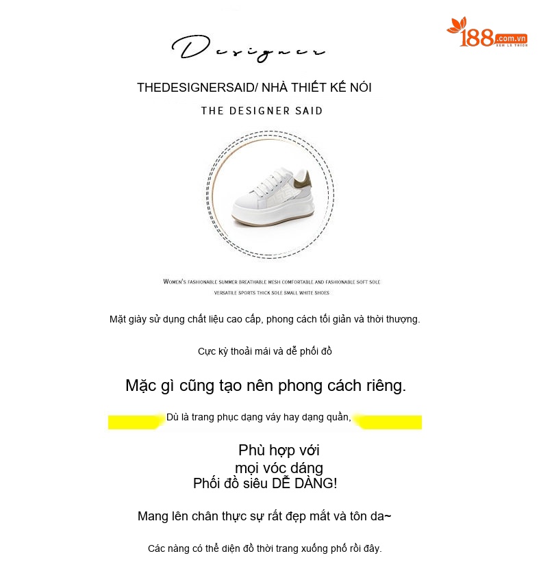 Giày Thể Thao Nữ Đế Cao Khoảng 5cm Kiểu Dáng Sneaker Màu Trắng, Đen, Vàng chi tiết 5
