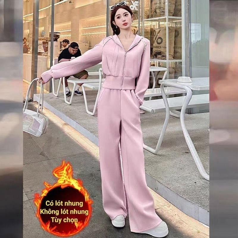 Bộ Đồ Nữ Thu Đông Áo Hoodie Có Mũ Quần Ống Rộng Lưng Cao Kiểu Dáng Thể Thao