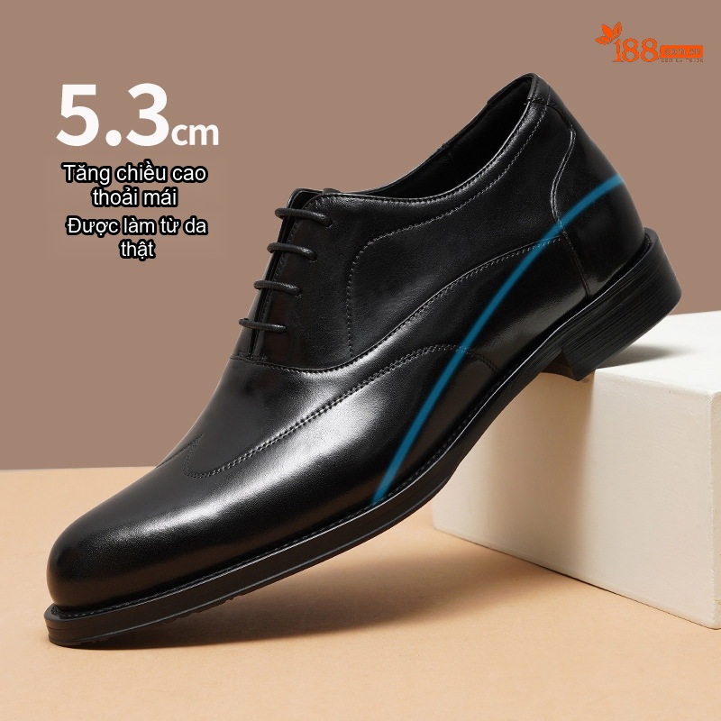 Giày Tây Buộc Dây Nam Da Thật Tăng Chiều Cao 5.3cm Màu Đen