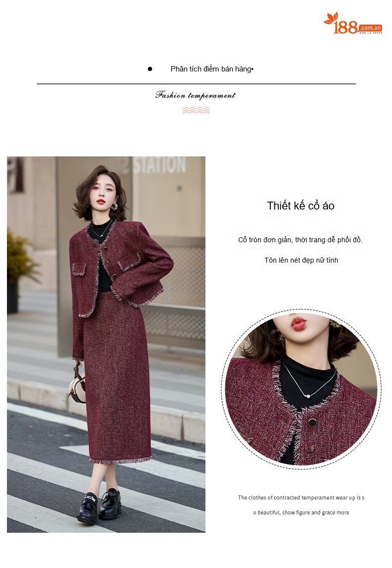 Set Áo Khoác và Chân Váy Tiểu Thư Phong Cách Pháp Thanh Lịch Màu Đỏ chi tiết 5