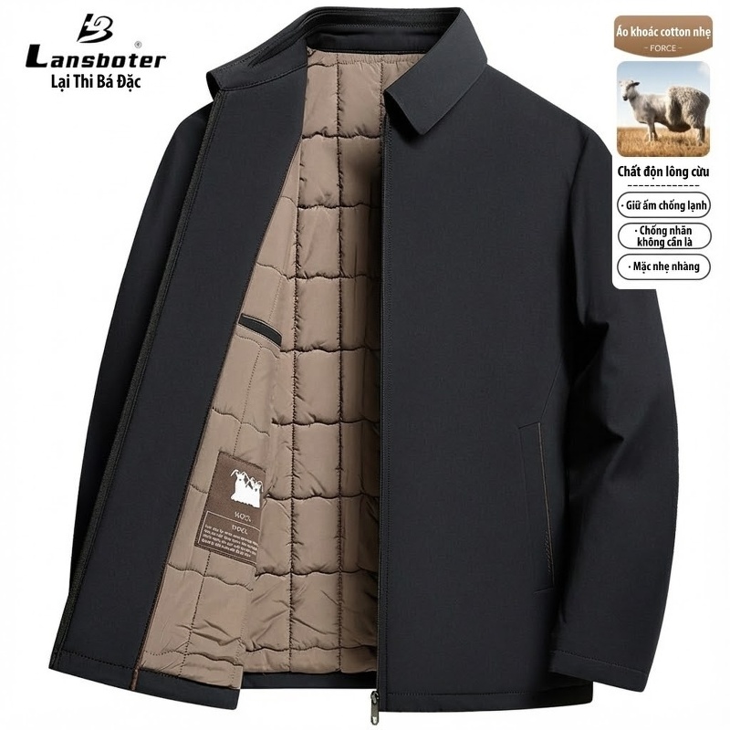 Áo Khoác Cotton Nam Cổ Bẻ Lót Lông Cừu Non Giữ Ấm Màu Đen
