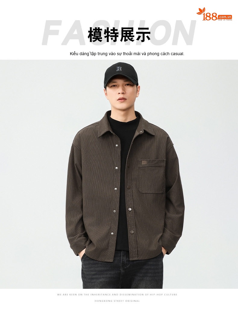 Áo Sơ Mi Nam Dài Tay Vải Cotton Nhung Gân 310g Phong Cách Retro Mỹ Form Rộng Màu Đen chi tiết 6