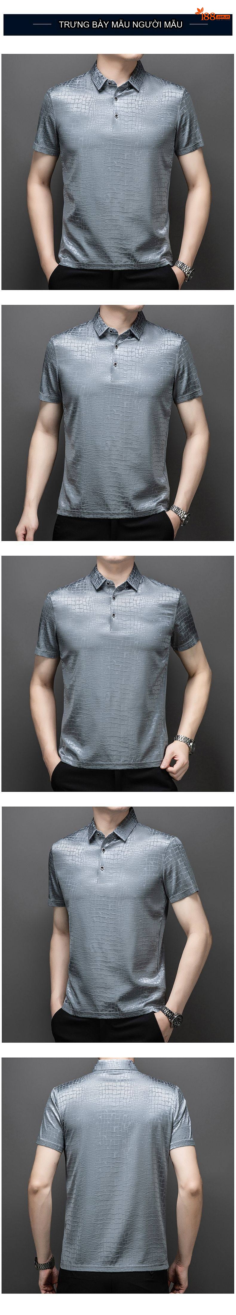 Áo Thun Polo Nam Tay Ngắn Lụa Tằm In Họa Tiết Thời Trang Màu Xám chi tiết 5