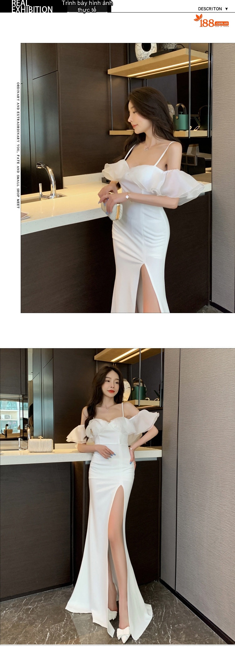 Váy Dài Dự Tiệc Hở Lưng Xẻ Tà Ôm Dáng Hai Dây Hở Vai Màu Trắng, Xám chi tiết 6