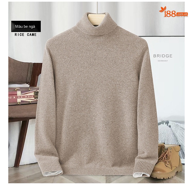 Áo Len Cổ Lọ Nam 100% Lông Cừu Dày Dặn Giữ Ấm Màu Be, Xám Đậm, Đen, Đỏ Rượu Vang chi tiết 11