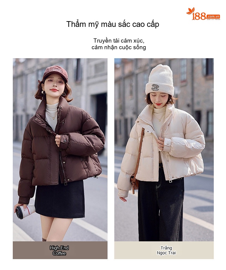 Áo Khoác Phao Nữ Ngắn 90% Lông Vịt Trắng Dáng Bánh Mì Phong Cách Hàn Quốc Màu Nâu, Kem chi tiết 3