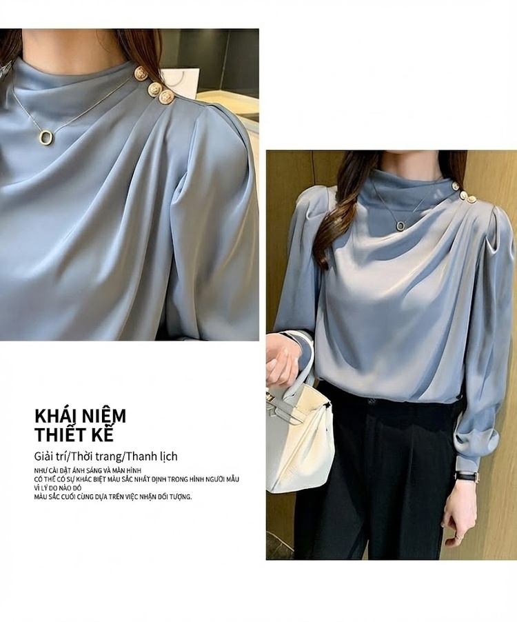 Áo Sơ Mi Nữ Tay Dài Cổ Trụ Kiểu Dáng Thanh Lịch Màu Trắng, Xám, Hồng, Xanh... chi tiết 38