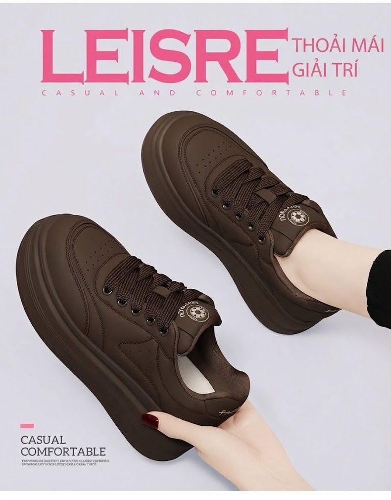 Giày Sneaker Nữ Đế Bánh Mì Chiều Cao Đế Khoảng 5cm Phong Cách Thể Thao Màu Đen, Nâu chi tiết 2