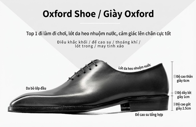 Giày Tây Buộc Dây Nam Da Bò Cao Cấp Chiều Cao Đế Khoảng 3cm Màu Đen chi tiết 3