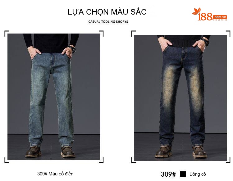 Quần Jean Nam Ống Suông Cotton Co Giãn Màu Xanh Vintage chi tiết 12