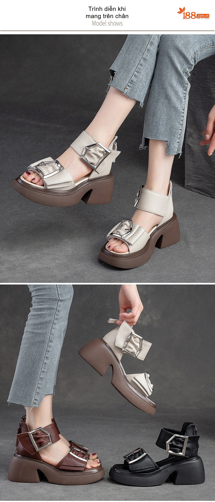 Giày Sandal Cao Gót Nữ Đầu Cá Da Bò Khóa Lớn Gót Cao 8cm Màu Nâu, Trắng, Đen chi tiết 8